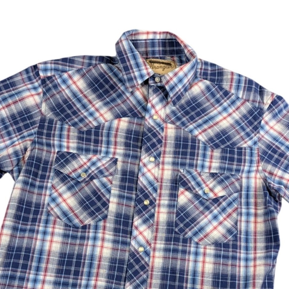 Wrangler Mens Western Snap Shirt Blue Red Plaid Short Sleeve Medium WM182NV